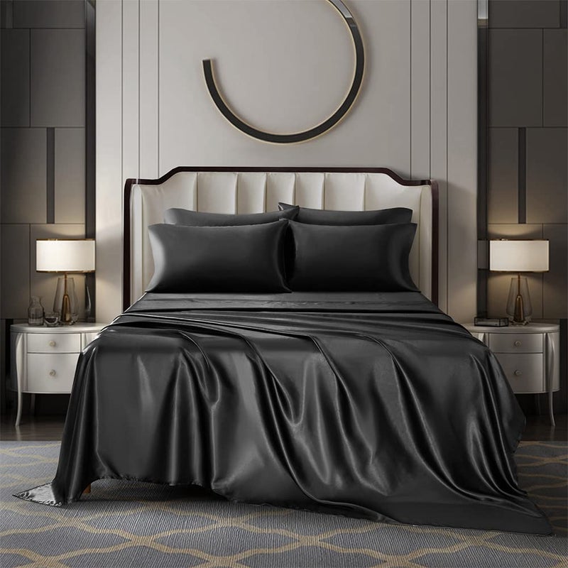 AiMay 6 Piece Satin Bedding Sheet Set Queen Black Deep Pocket 1800 Series Luxury Rich Silk Silky Super Soft Solid Color 4 Pillowcases Reversible Sexy Honeymoon Wrinkle Free (Queen,Black) - Image 2